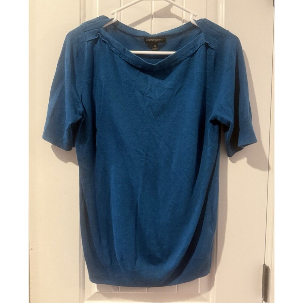Banana Republic Blue Solid Knit V-Neck Short Sleeve Pullover Sweater Cut-Out M